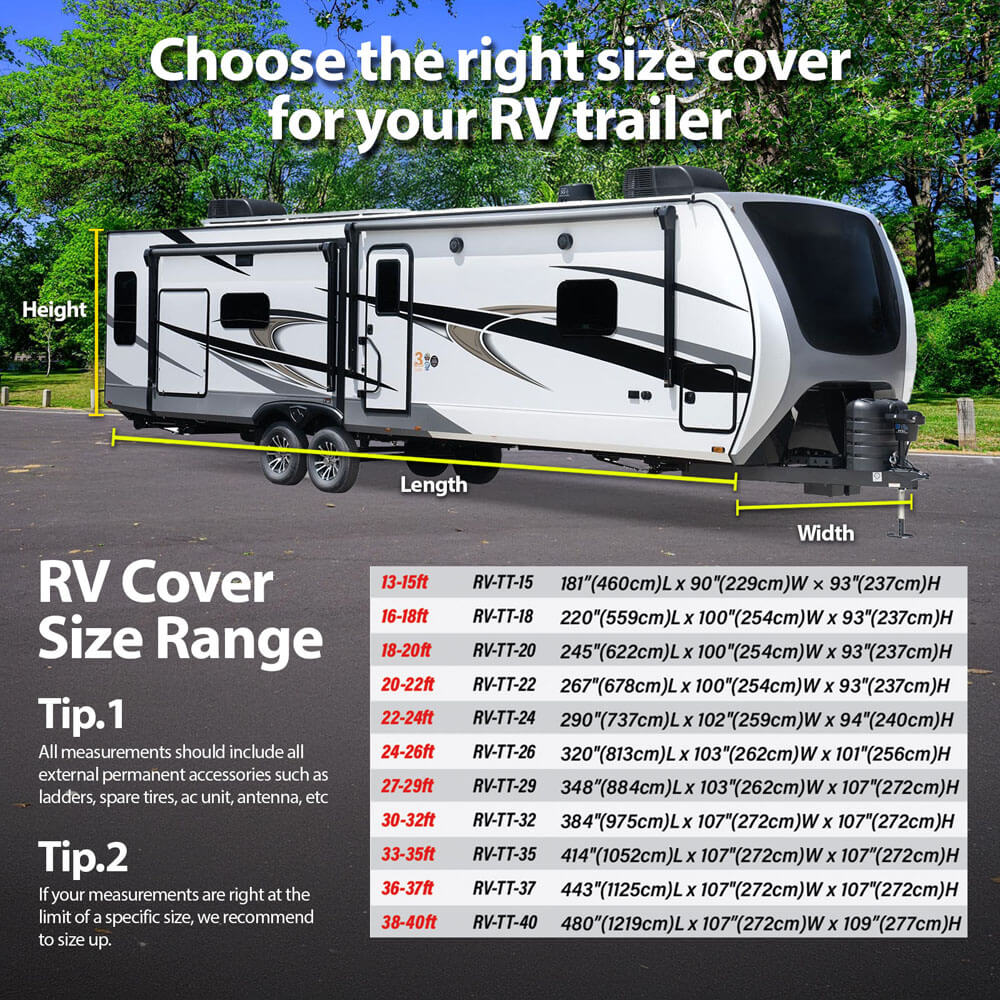 DaShield RV Cloud travel trailer cover size guide with measurement reference chart