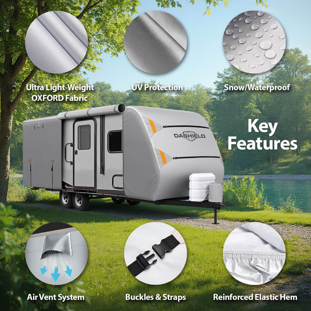 DaShield RV Cloud travel trailer cover key features including lightweight design and air vents