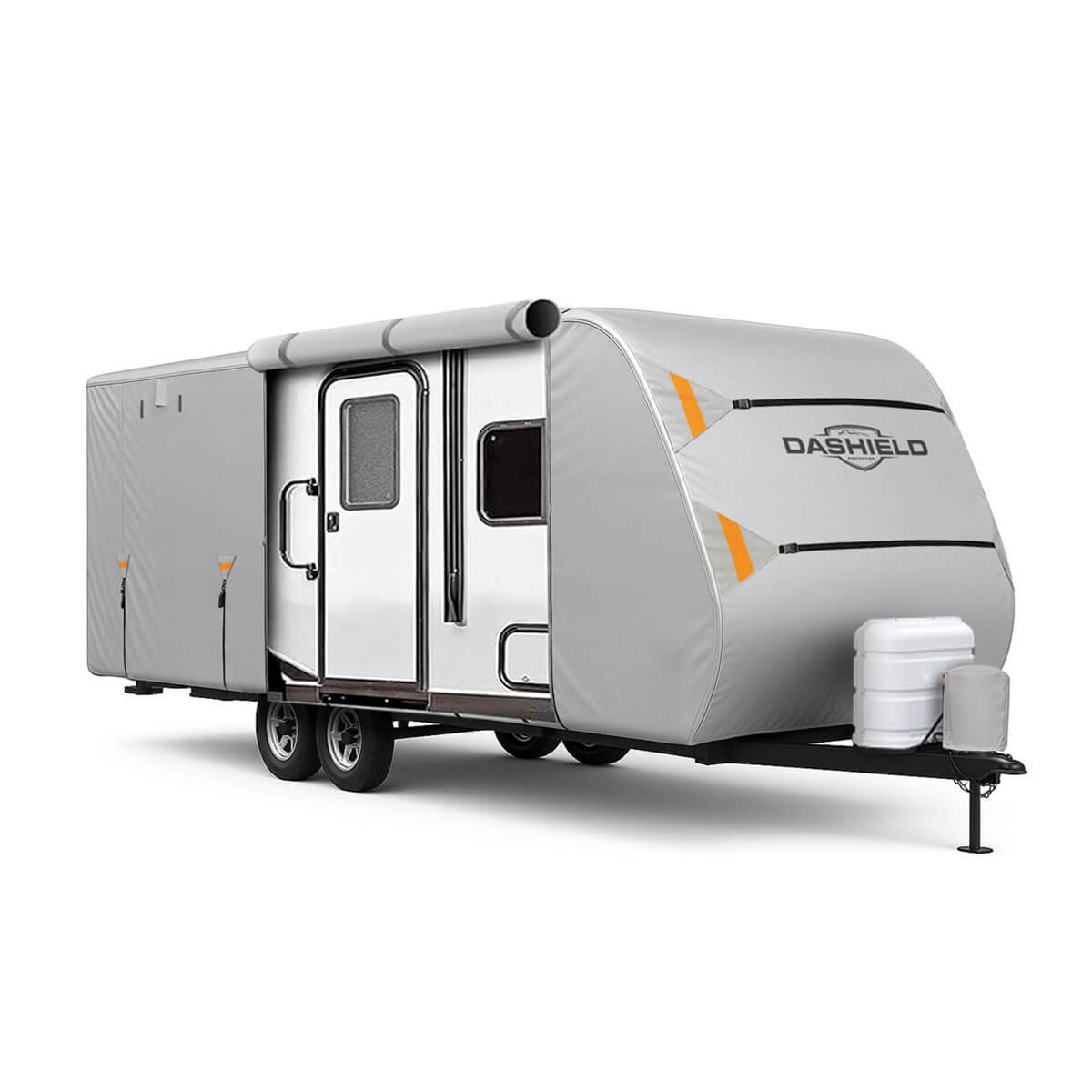 DaShield RV Cloud travel trailer cover profile view highlighting compact fold and easy installation