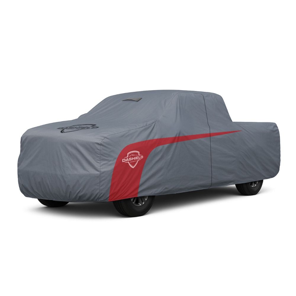 DaShield Ultimum Lite truck cover in silver with quick-release straps and side stripe